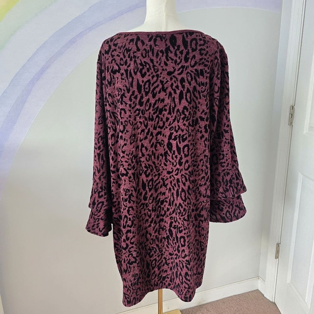 Tacera | 2X | Burgundy & Black Animal Print Bell Sleeve Dress - Picture 5 of 9